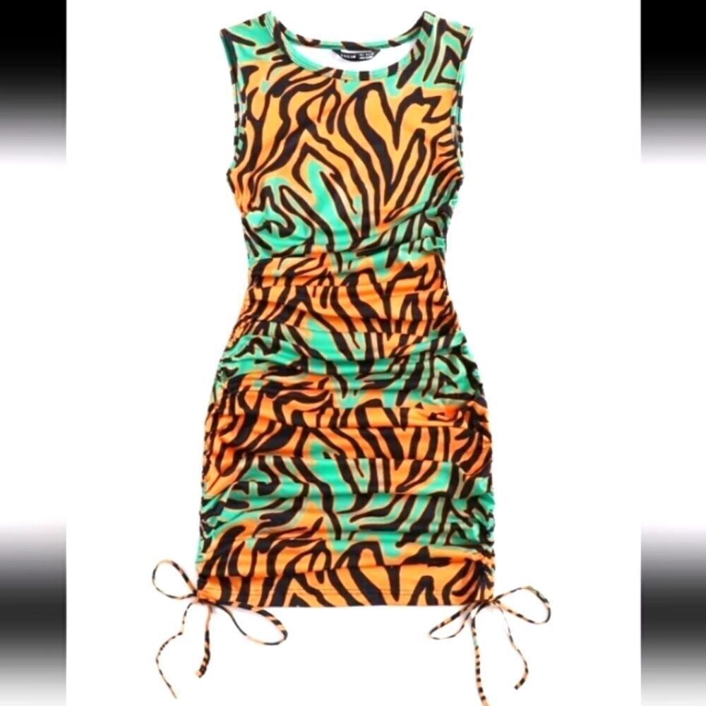 Ladies RUCHED drawstring side zebra striped sexy bodycon dress sz xs